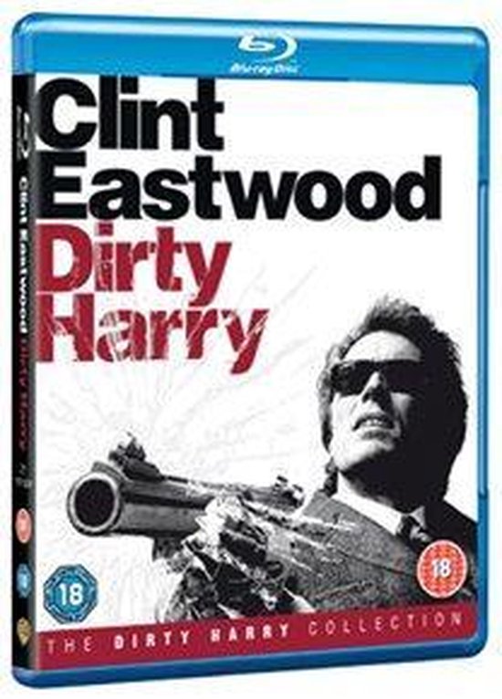 Hoes van de Blu-ray film Dirty Harry, met Clint Eastwood die een pistool vasthoudt.