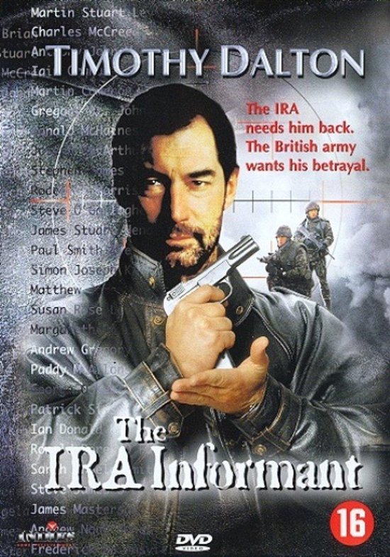Timothy Dalton als hoofdpersoon, met een pistool in zijn hand. Achtergrond met soldaten en tekst.