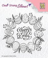 Sil027 Clearstamp Nellie Snellen Paaskrans ei - Stempel Pasen - krans met eieren - tekst Happy Easter