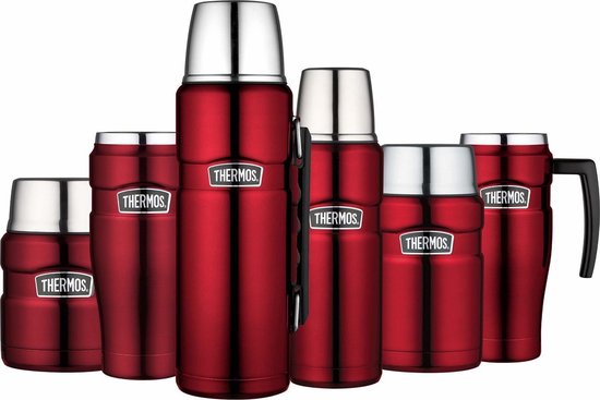 Collection de six produits Thermos rouges : contenants alimentaires, bouteilles et une tasse avec anse.
