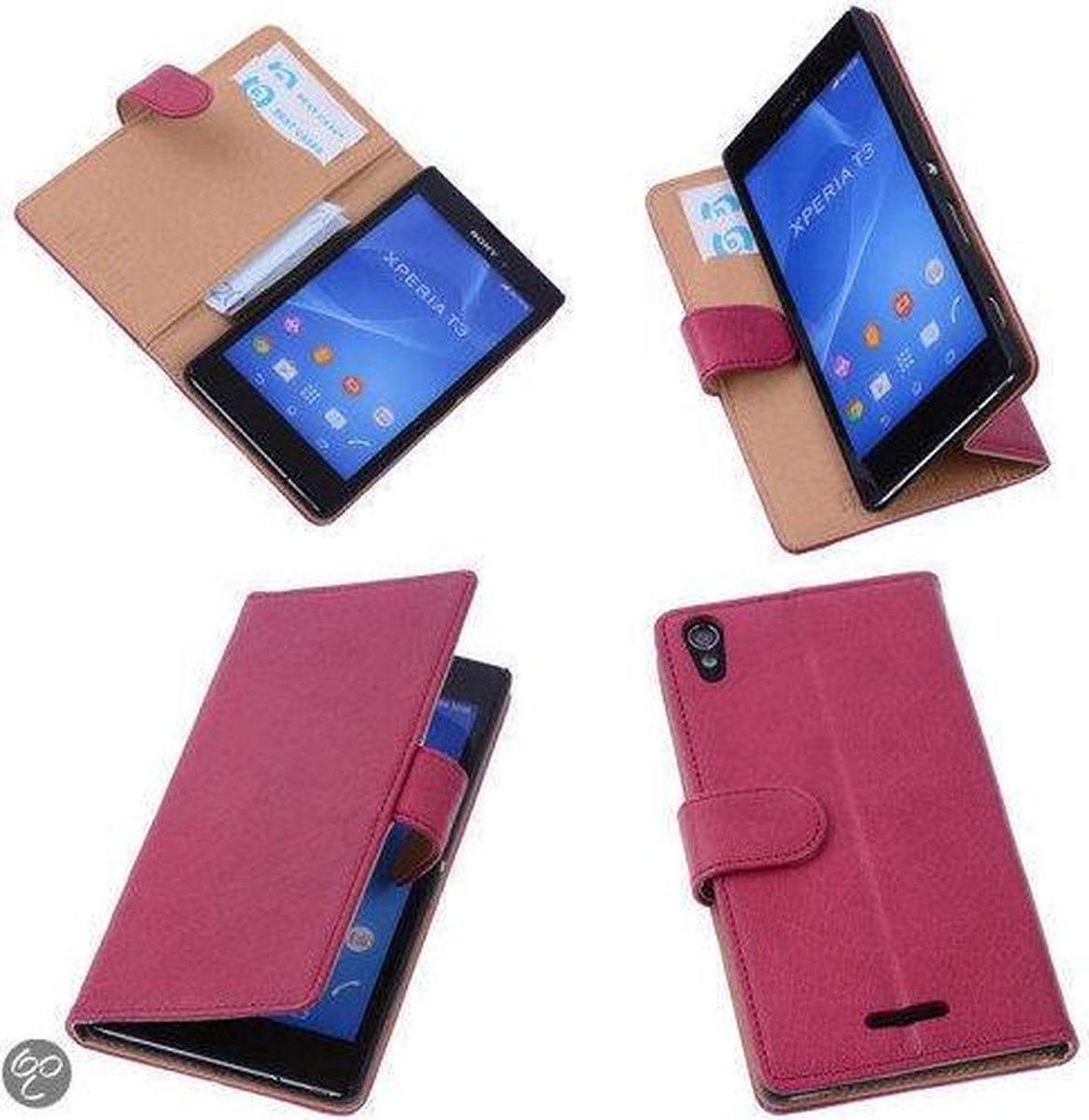 BestCases Fuchsia Sony Xperia T3 Stand Echt Lederen Booktype Hoesje