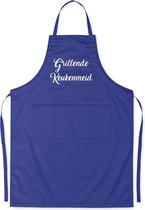 Mijncadeautje Schort - "Grillende Keukenmeid" - opdruk wit -  exclusieve keuken- en barbecueschort - blauw