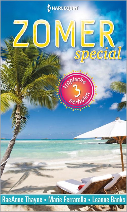 Harlequin Zomerspecial met 'tropische 3 verhalen' op een strand met ligstoelen en palmbomen.
