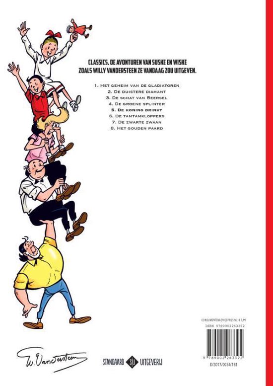 Suske en Wiske Classics 5 - De koning drinkt. Zeven Suske en Wiske karakters gestapeld. De onderste man houdt de anderen omhoog.