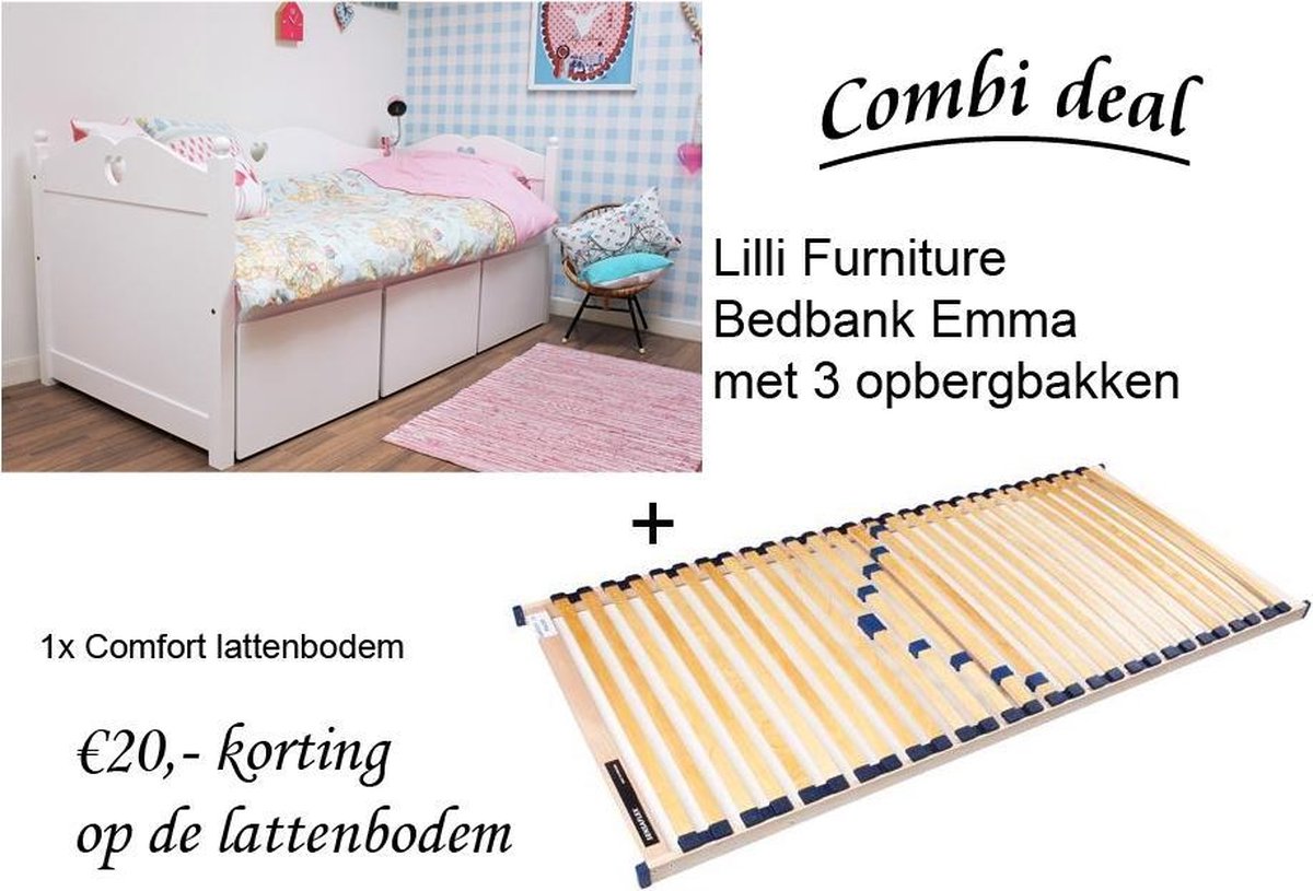 Lilli Furniture - Emma bedbank met 3 mega lades - inclusief Comfort lattenbodem - 90x200cm - Wit