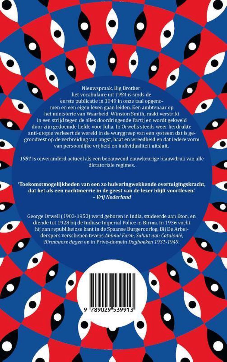 Achterkant van het boek 1984 met tekst en een patroon van rode, blauwe en witte ogen.
