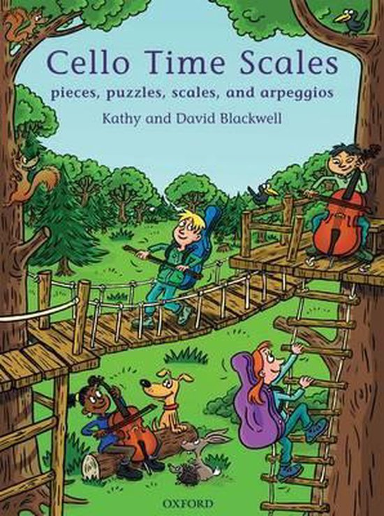 Couverture du livre 'Cello Time Scales' avec illustration ludique d'enfants et d'animaux dans une cabane dans les arbres, jouant du violoncelle.