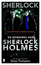 Boekcover 'De memoires van Sherlock Holmes' met Benedict Cumberbatch en Martin Freeman. Met illustraties van een pistool en kooi.