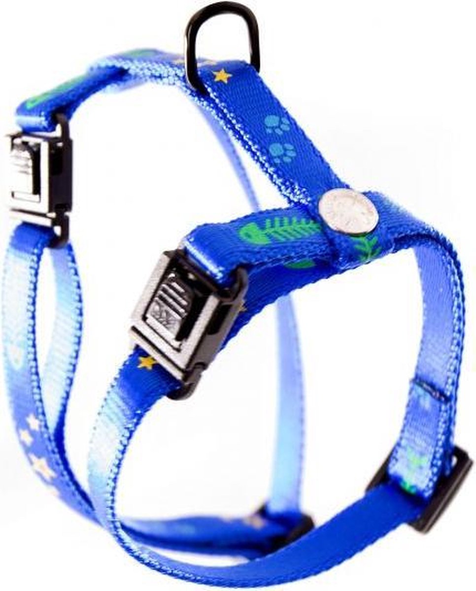 Tuig voor kat vis en ster nylon blauw 10 mmx35-50 cm