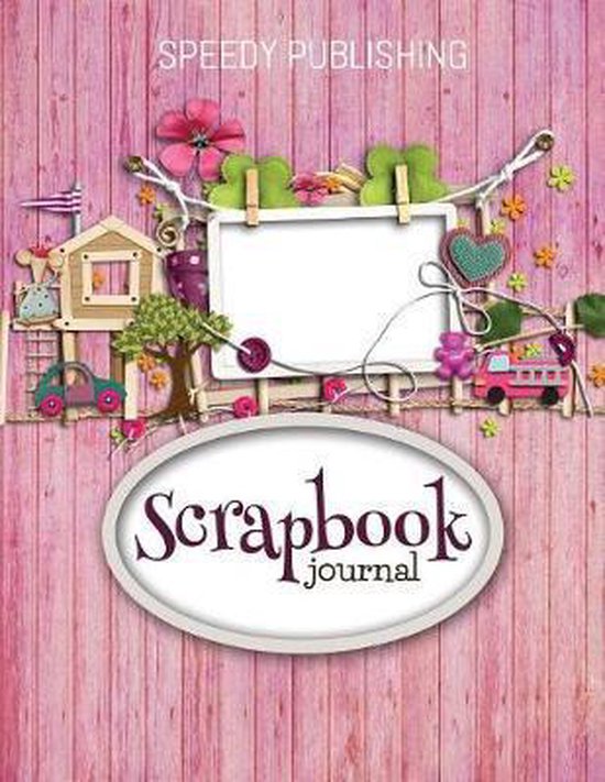 Scrapbook journal met roze houten achtergrond en diverse decoraties zoals een huisje, auto, busje en bloemen.