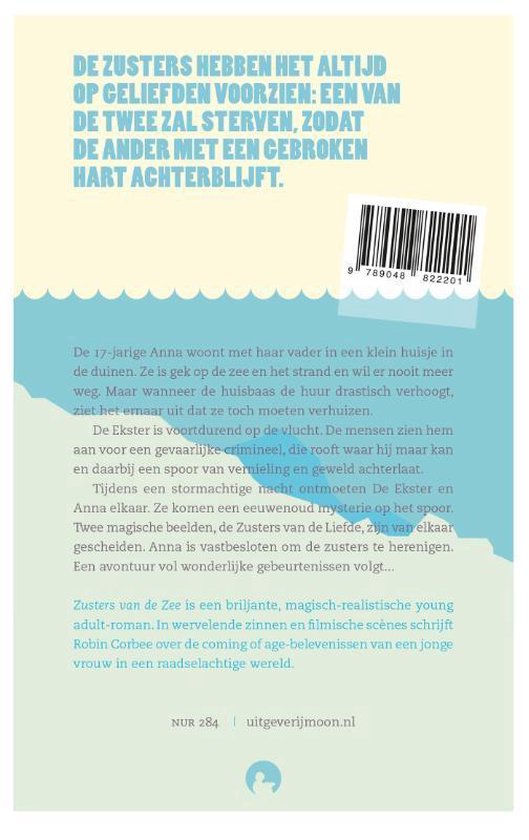 Achterkant van het boek 'Zusters van de Zee' met een samenvatting en een streepjescode.