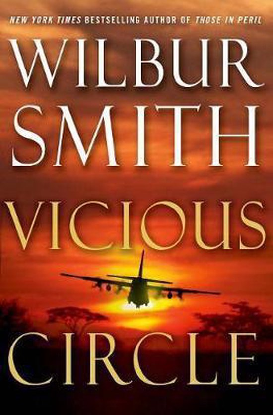 Boekomslag 'Vicious Circle' door Wilbur Smith, met een vliegtuig bij zonsondergang.