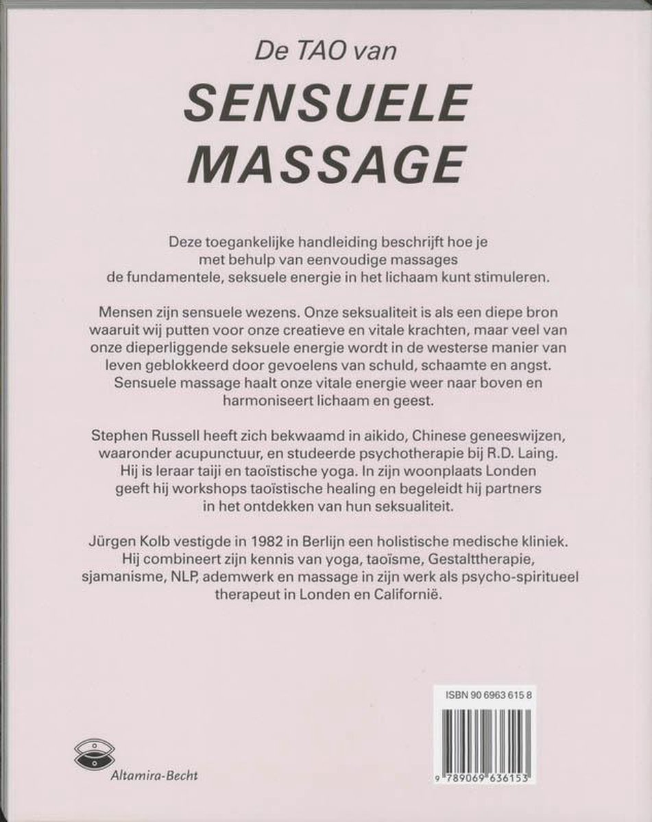 Boekomslag met de titel "De TAO van SENSUÈLE MASSAGE" en uitleg over het boek. ISBN 90 6963 615 8.