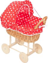 Rieten Poppenwagen - houten wielen - Stoffen Kap - Rood met stip