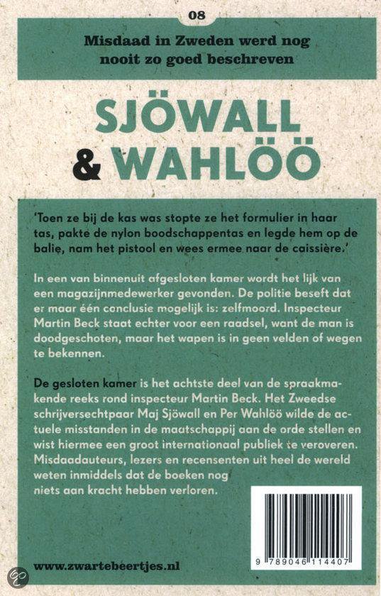 Achterkant van het boek 'De gesloten kamer' van Sjöwall & Wahlöö met een samenvatting, barcode en groene achtergrond.