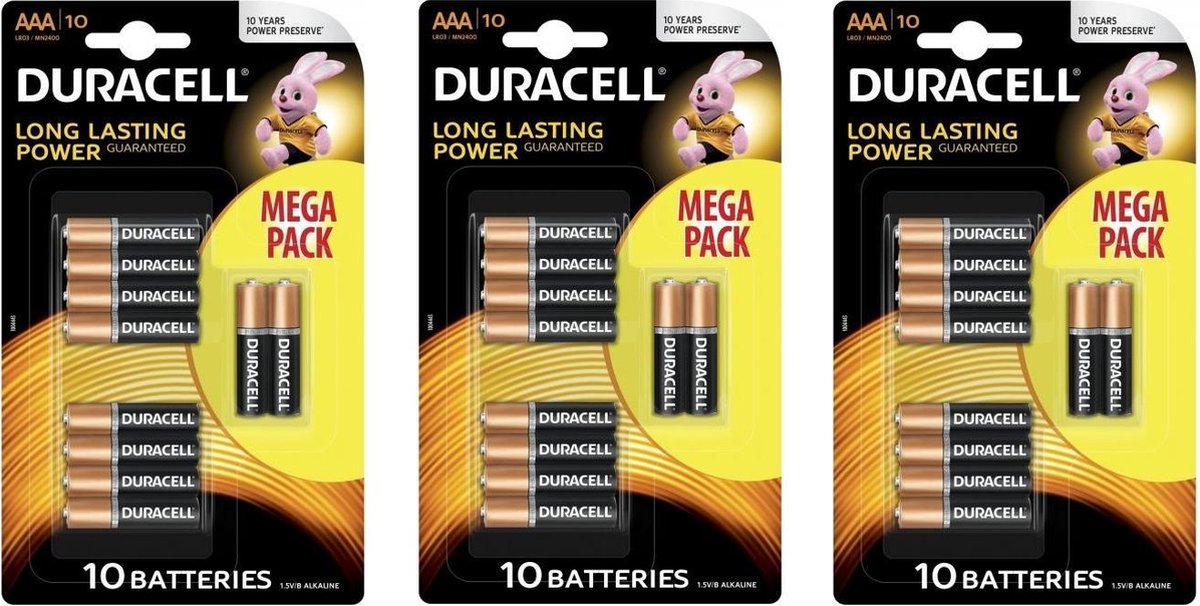 30 Stuks (3 Blisters a 10st) - Duracell MEGA PACK LR03 / AAA / R03 / MN 2400 1.5V alkaline batterij