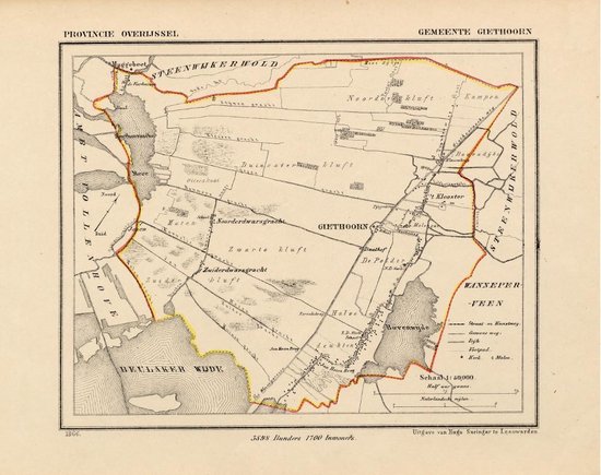 Historische kaart, plattegrond van gemeente Giethoorn in Overijssel uit