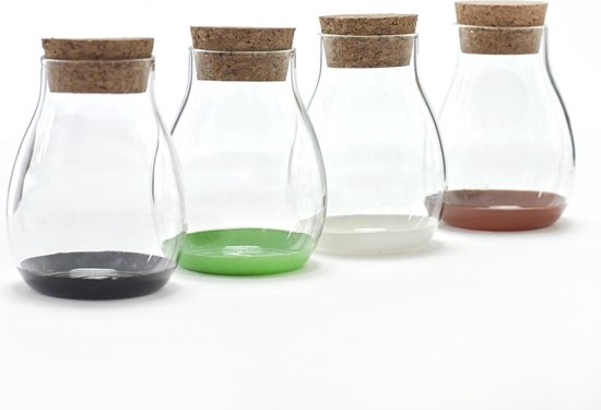 4 glazen opbergpotje met kurk deksel in diverse kleuren