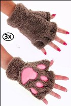 3x Vingerloze handschoenen pluche dierenpootje licht bruin