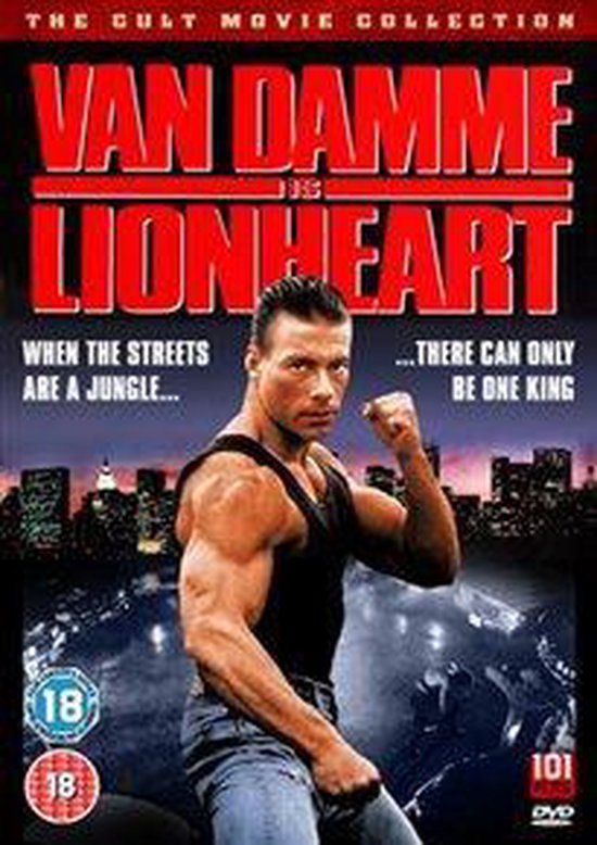 DVD hoes van Lionheart met Jean-Claude Van Damme in vechthouding voor een stadsgezicht, met de tekst 'Van Damme is Lionheart'.