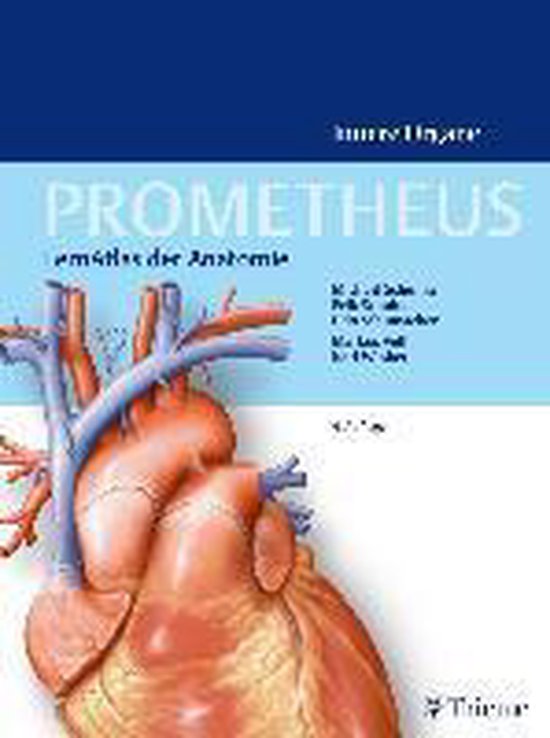 Boekomslag met anatomische afbeelding van een hart met grote bloedvaten. Titel: PROMETHEUS. Anatomie.