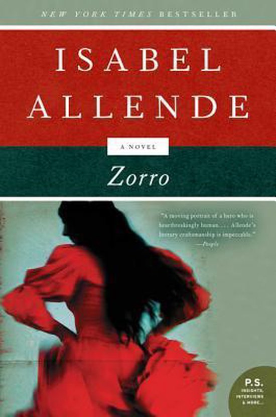 Boek "Zorro" van Isabel Allende met op de voorkant een vrouw in een rode jurk.