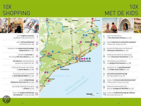 Kaart van Catalonië met routes, winkellocaties en kindvriendelijke attracties.