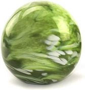 Glazen urn. Asbestemming "Elan" Bol klein gemarmerd groen. Afmeting 8 cm.