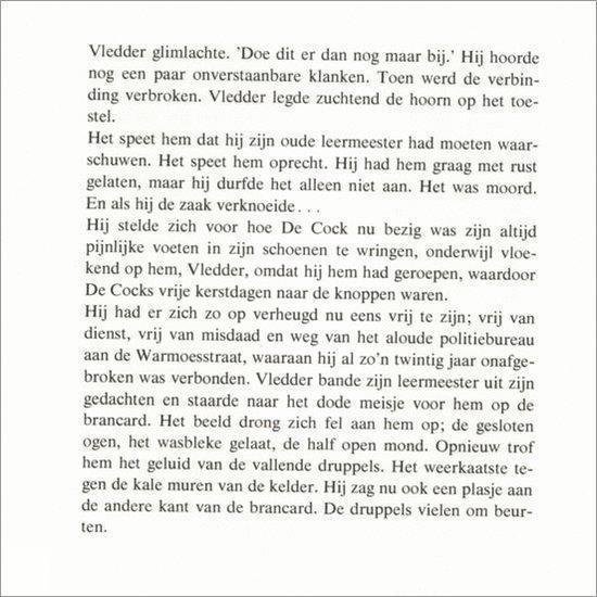 Tekstpagina met een gedetailleerd plot uit een misdaadroman. Zwart-wit tekst op crème papier.