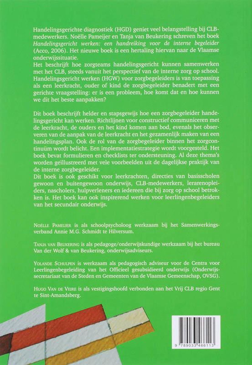 Achterkant van het boek "Handelingsgericht werken op school" met een barcode en de Belgische vlag.