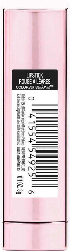 Roze metallic lipstick huls met zwarte tekst 'LIPSTICK ROUGE À LÈVRES COLORsensational' en barcode.
