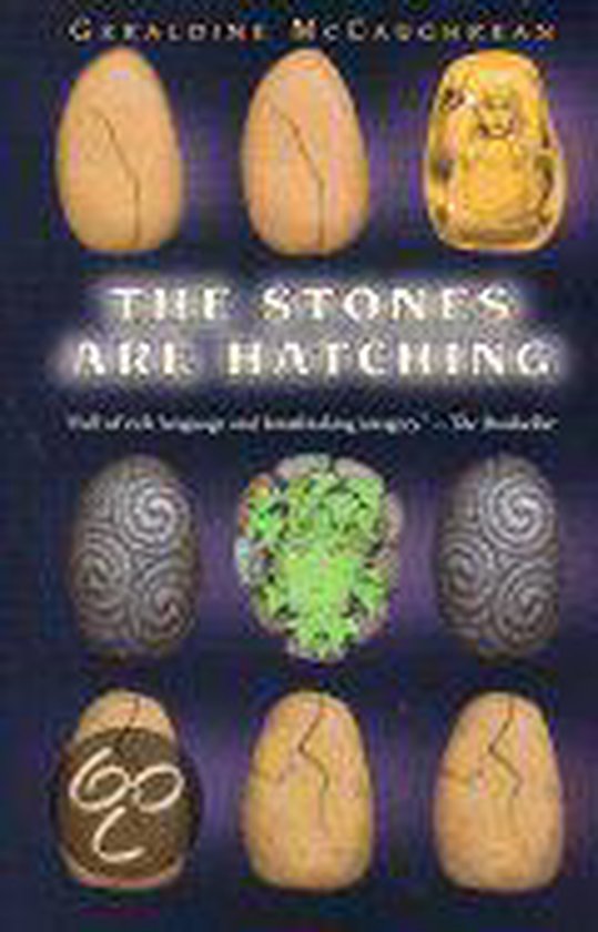Livre 'The Stones Are Hatching' avec neuf pierres en forme d'œuf sur la couverture, certaines fissurées, avec des motifs ou une statue à l'intérieur.