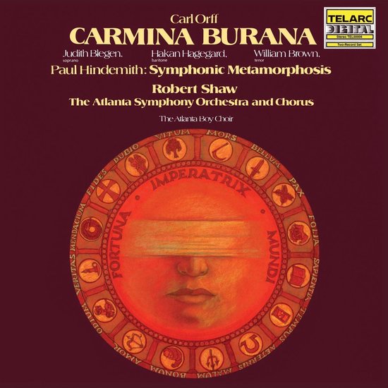 Albumhoes: Carl Orff Carmina Burana met "O Fortuna" in het midden, omringd door Latijnse teksten.