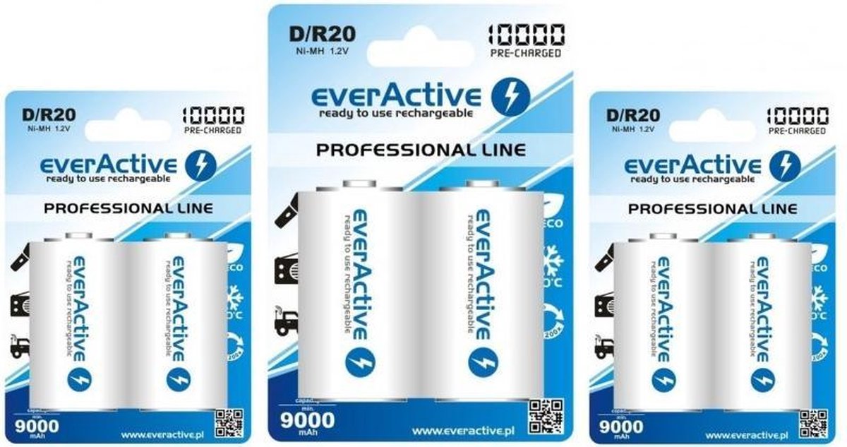 6 Stuks (3 Blisters a 2st) - R20 D 10000mAh oplaadbare batterij everActive  Professional | bol.com