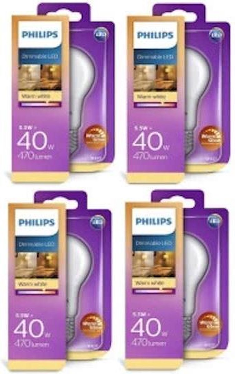 Philips LED A60 6W/40W E27 2700K 470lm Dimbaar (4 Stuks)