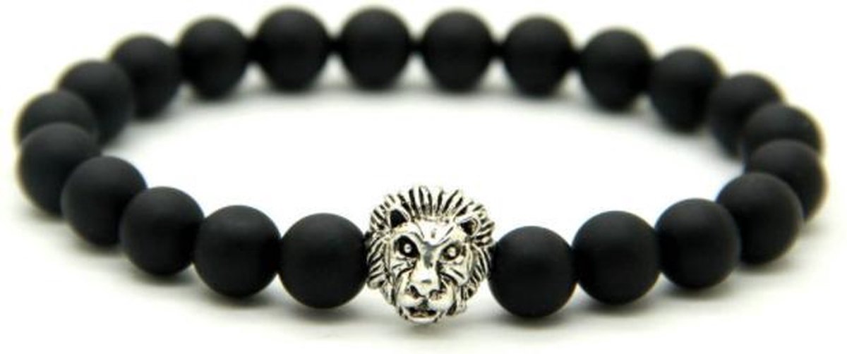 Armband kralen - leeuw bedel - zwart - 21 cm