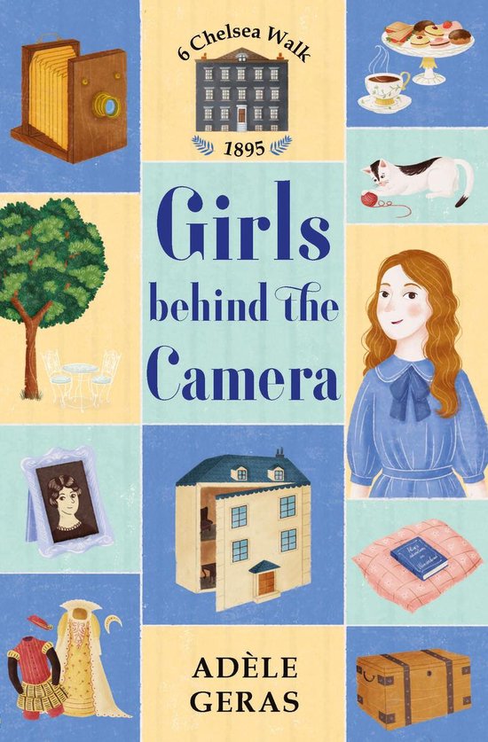 Boekomslag 'Girls behind the Camera' met illustraties van een camera, huis, kat, meisje, kleding en kist.