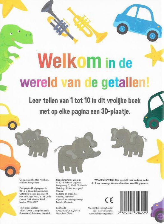 Boekomslag met een dinosaurus, auto's, olifanten en sterren. Met de tekst 'Welkom in de wereld van de getallen!'.