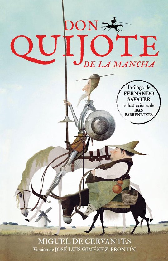 Don Quichotte de la Manche, avec Sancho Panza sur un âne, sur la couverture du livre.