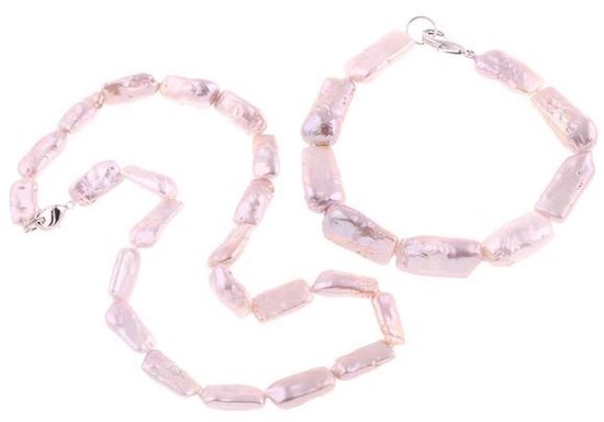 Zoetwaterparel set Pearl Rectangle Pink - parelketting + parel armband - echte parels - sterling zilver - roze - handgeknoopt