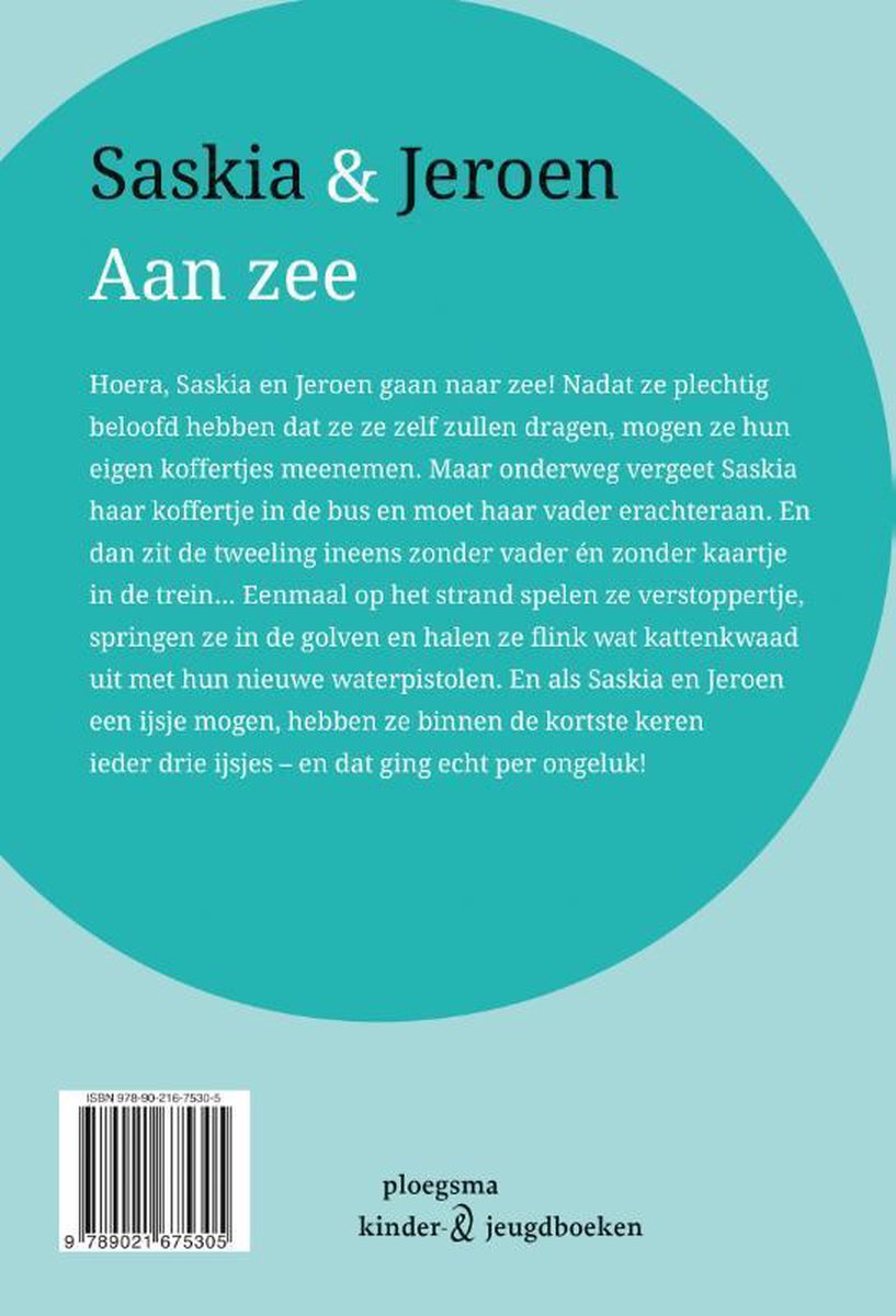 Boek "Saskia & Jeroen - Aan zee" met tekst en ISBN-barcode.