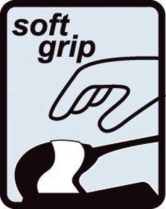 Pictogram met tekst "soft grip" en een hand die een schuurmachine vasthoudt.