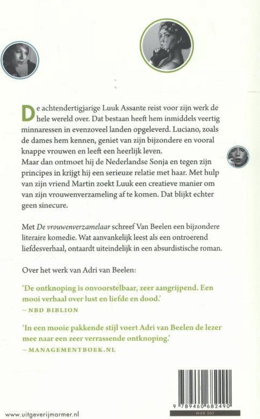 Achterkant van het boek 'De vrouwenverzamelaar' met tekst. Kleine portretten van vrouwen bovenin.