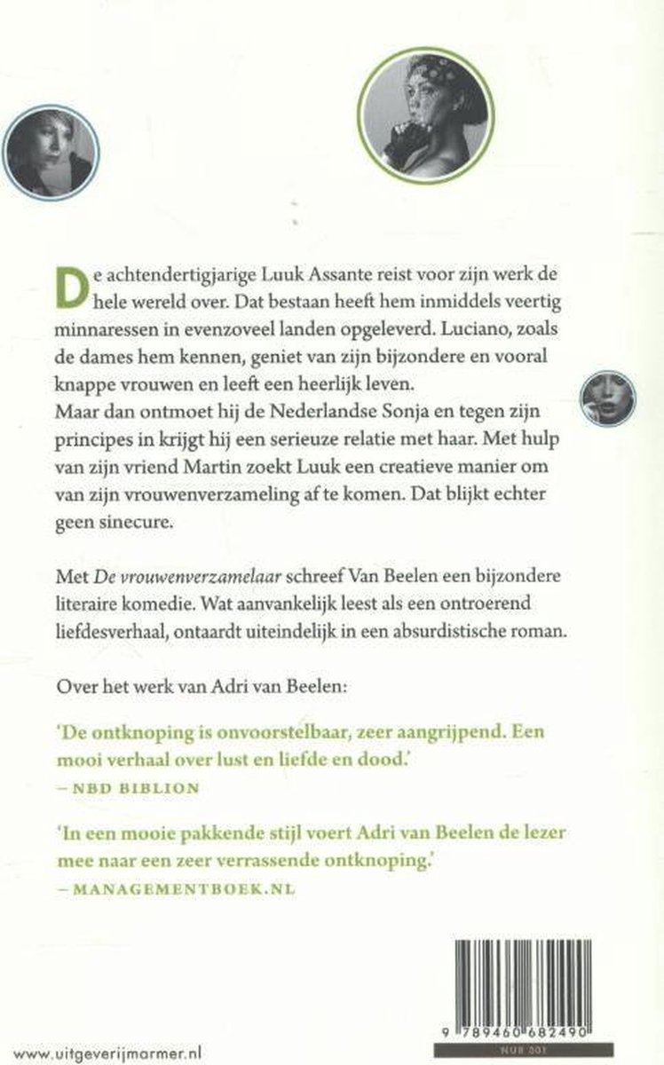 Achterkant van het boek 'De vrouwenverzamelaar' met tekst. Kleine portretten van vrouwen bovenin.