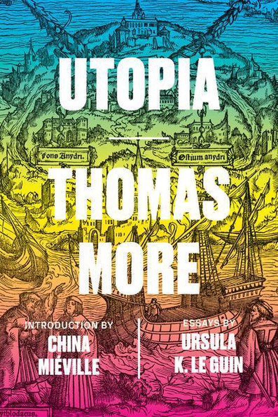 Couverture du livre 'Utopia' de Thomas More, avec une gravure colorée et détaillée d'une ville au bord de la mer avec des navires et des personnages.