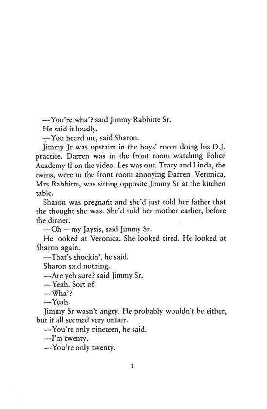 Tekstpagina uit een boek met dialogen, beginnend met 'You're wha?' said Jimmy Rabbitte Sr.'