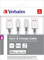 Verbatim Lightning Cable Sync & Charge 100cm + 30cm Zilverkleurig - Duo Pack