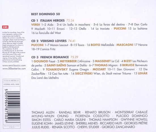 Achterkant van 'BEST DOMINGO 50' 3 CD-set, met tracklistings en artiestenlijst.