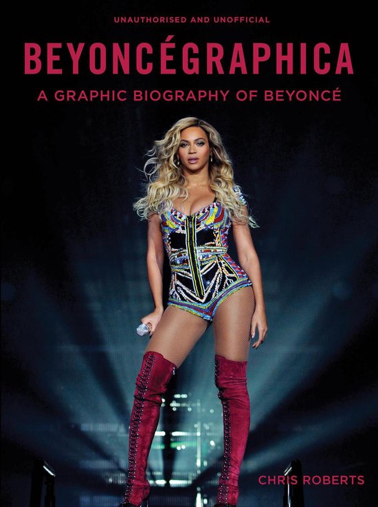 Beyoncé in een kleurrijk, geometrisch kostuum met rode laarzen, met de titel 'Beyoncégraphica'.