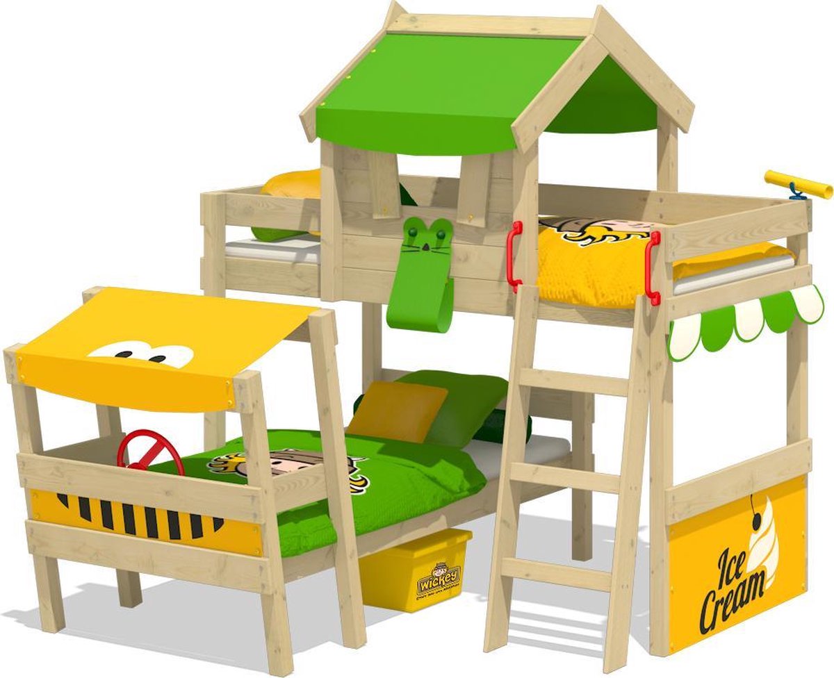 WICKEY Kinderbed, hoogslaper CrAzY Trunky appelgroen/geel Houten bed 90 x 200 cm
